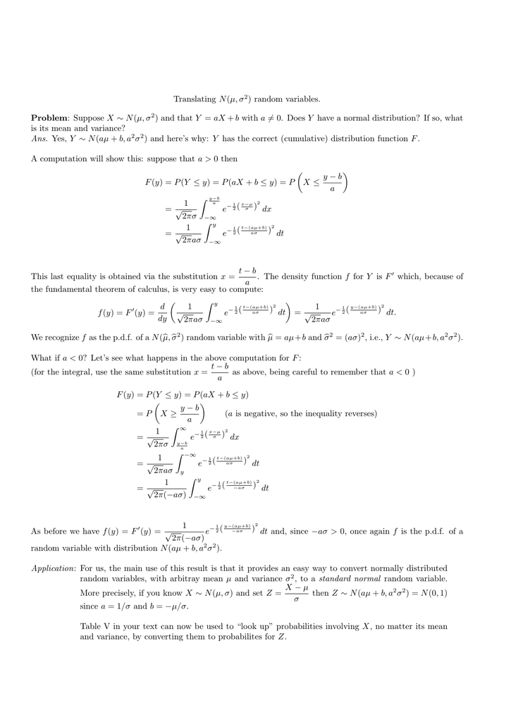 Translating N µ S 2 Random Variables Problem Suppose X N µ