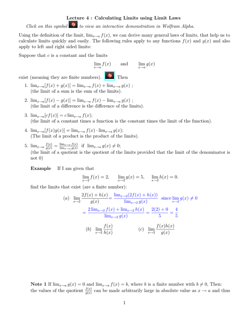 Lecture 4 Calculating Limits Using Limit Laws Click On This Symbol