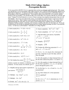 Math 1314 College Algebra Prerequisite Review