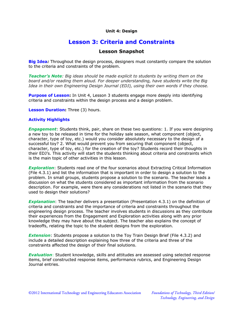 Lesson 18: Criteria and Constraints