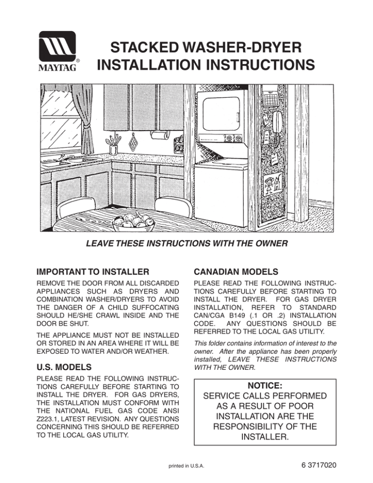 Stacked WasherDryer Installation Instructions