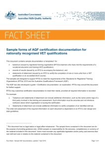 Sample forms of AQF certification documentation for nationally