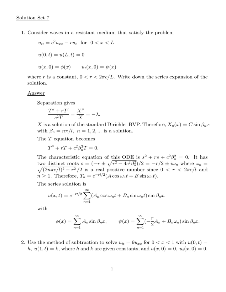 Solution Set 7 1 Consider Waves In A Resistant Medium That Satisfy