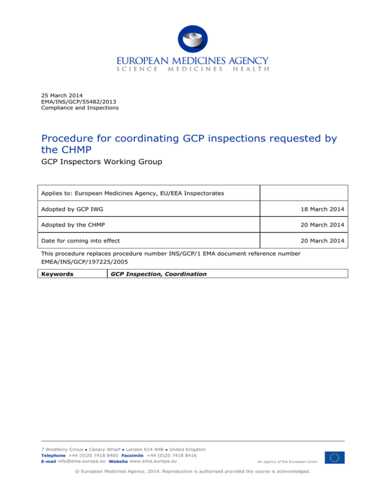 EMA Procedure for Coordinating GCP Inspections by CHMP