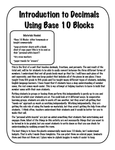 Introduction to Decimals Using Base 10 Blocks