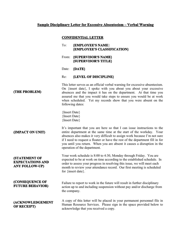 Sample Disciplinary Letter For Excessive Absenteeism Verbal