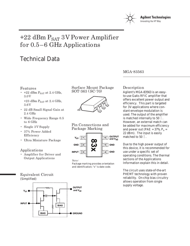 +22 dBm PSAT 3V Power Amplifier for 0.5 6 GHz Applications