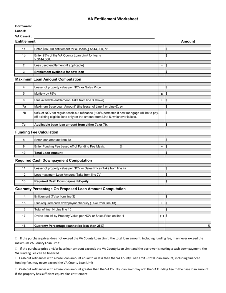 VA Entitlement Worksheet