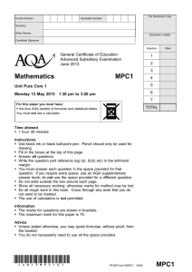 A-level Mathematics Question paper Pure Core 1 June 2013