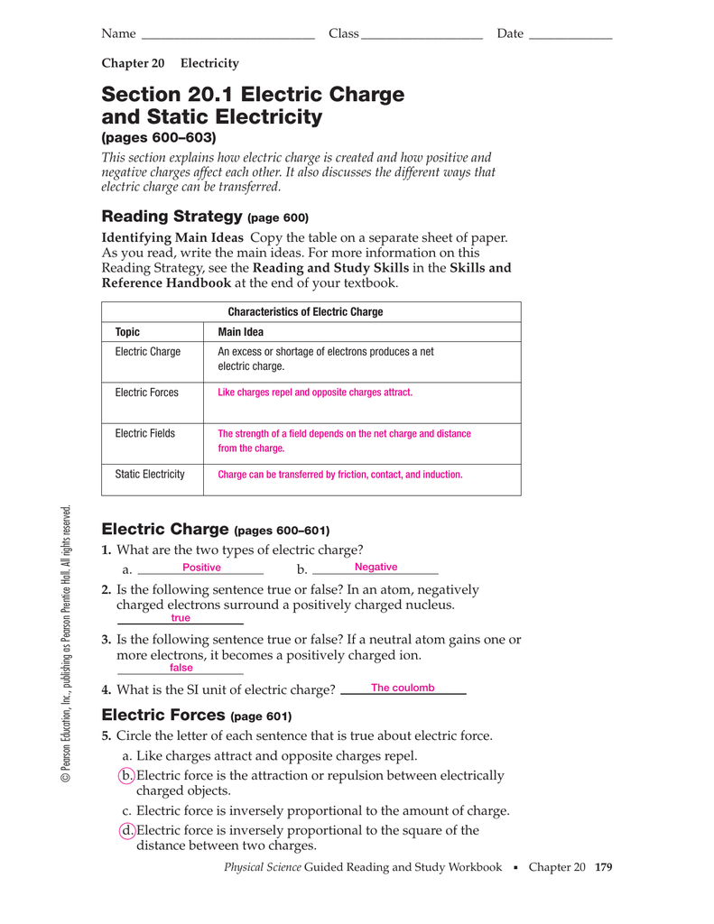 Section 1111.11 Electric Charge and Static Electricity For Static Electricity Worksheet Answers