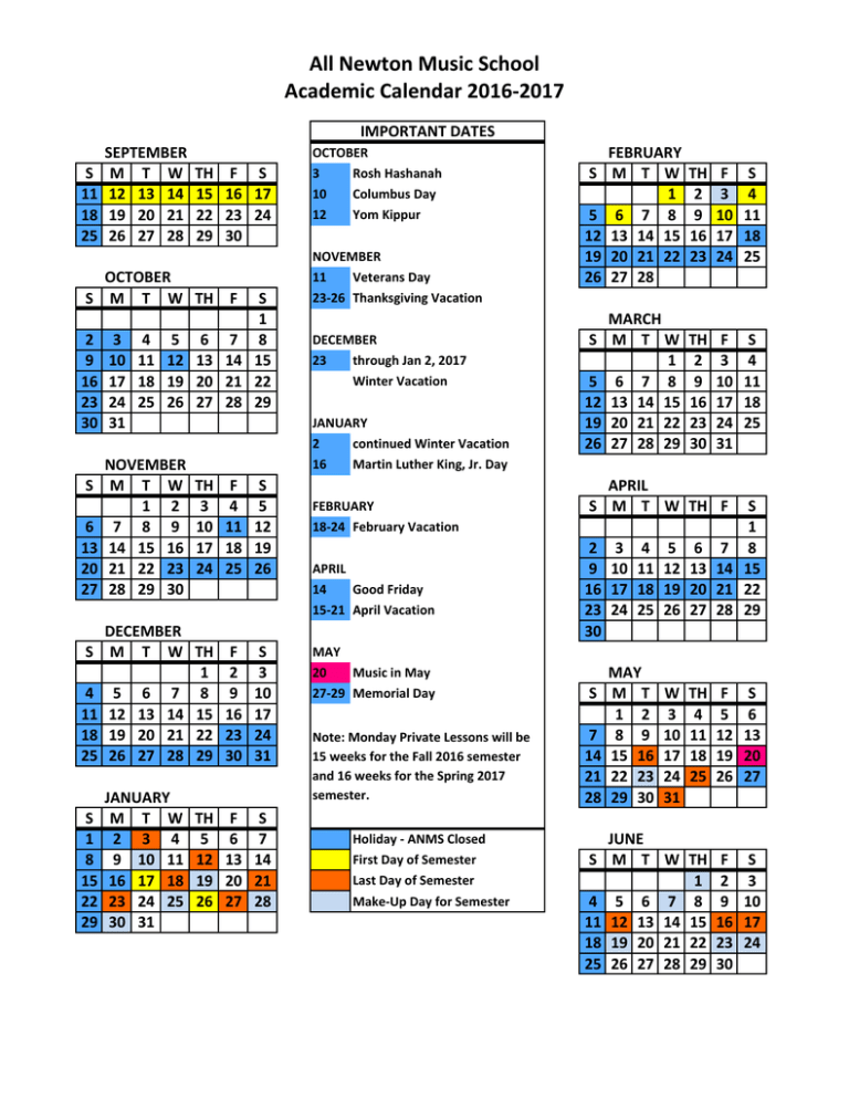 16 17 Academic Calendar All Newton Music School