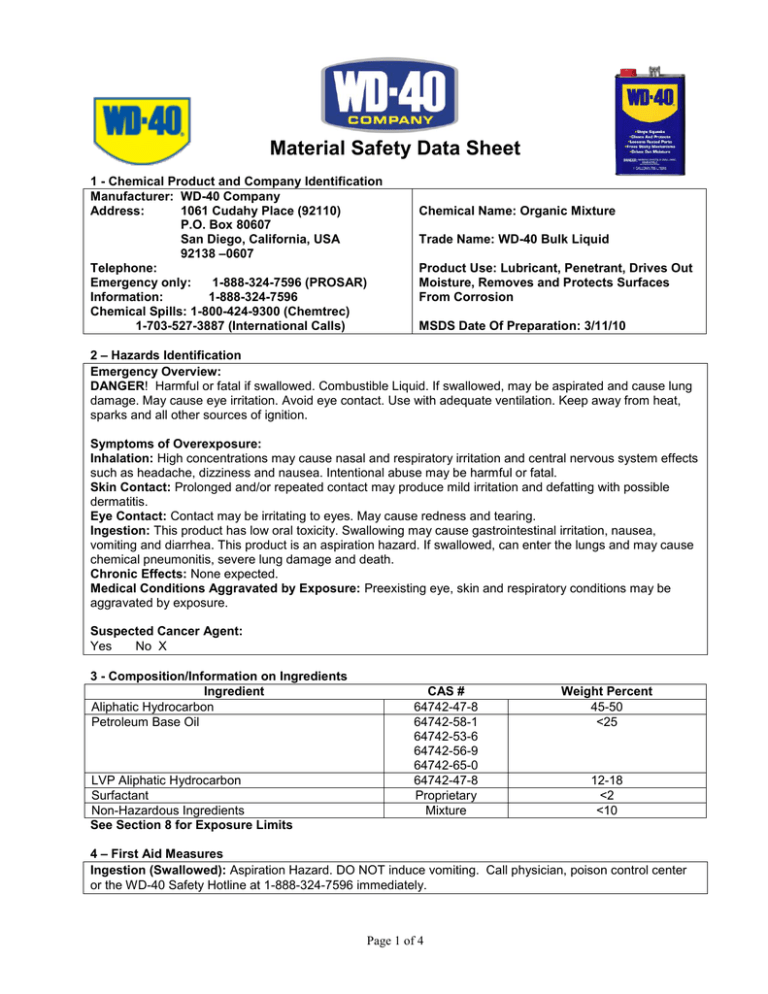 Material Safety Data Sheet (MSDS) WD40