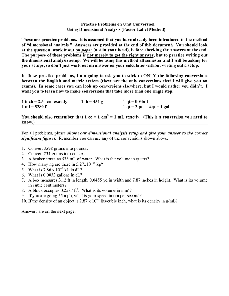 Practice Problems On Unit Conversion Using