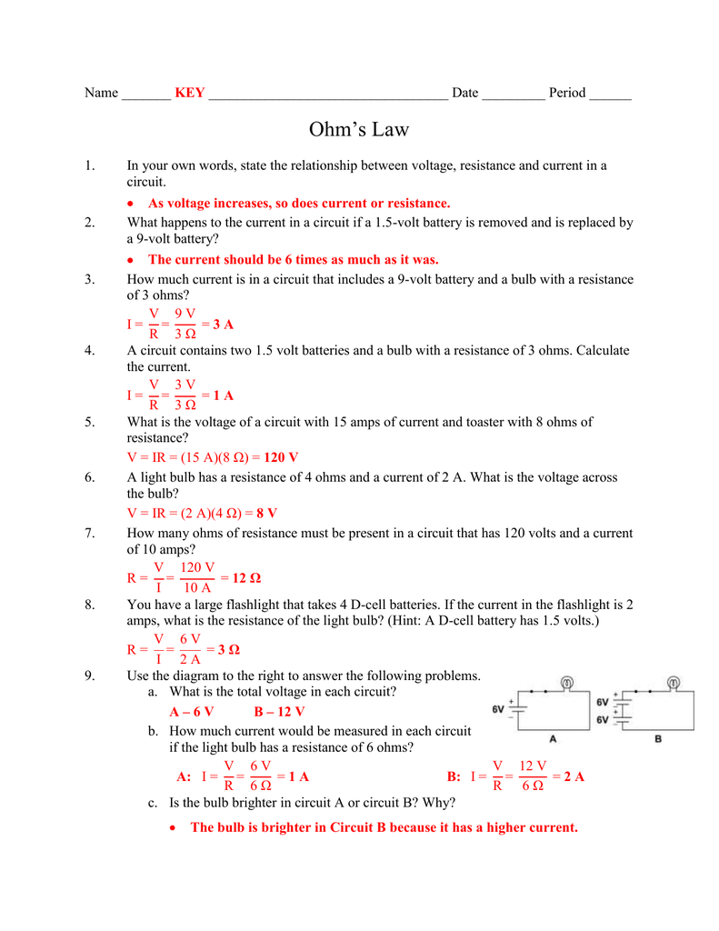 Ohm`s Law KEY - Northern Highlands With Regard To Current Voltage And Resistance Worksheet