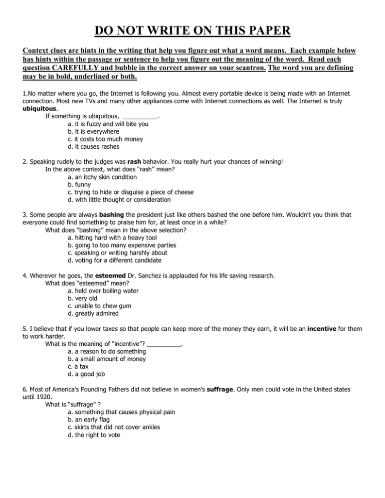 Context Clues Multiple Choice Worksheets Middle School