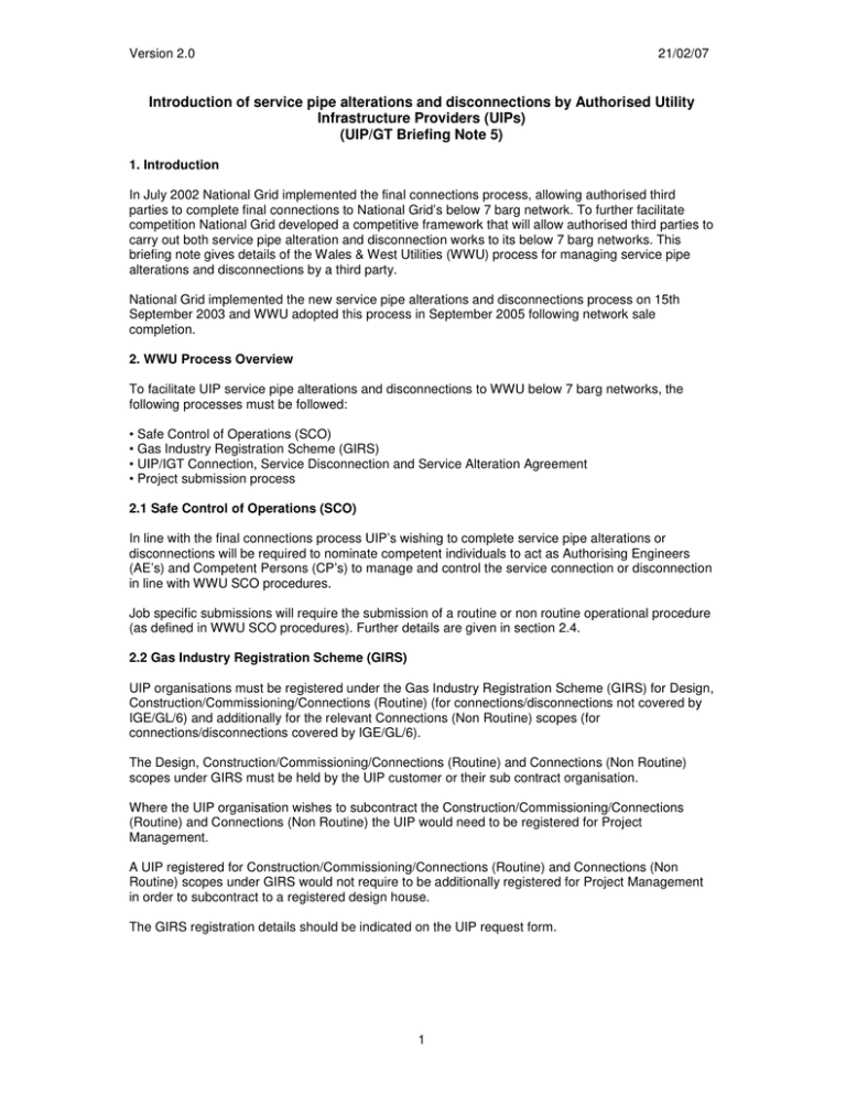 Introduction of service pipe alterations and disconnections by