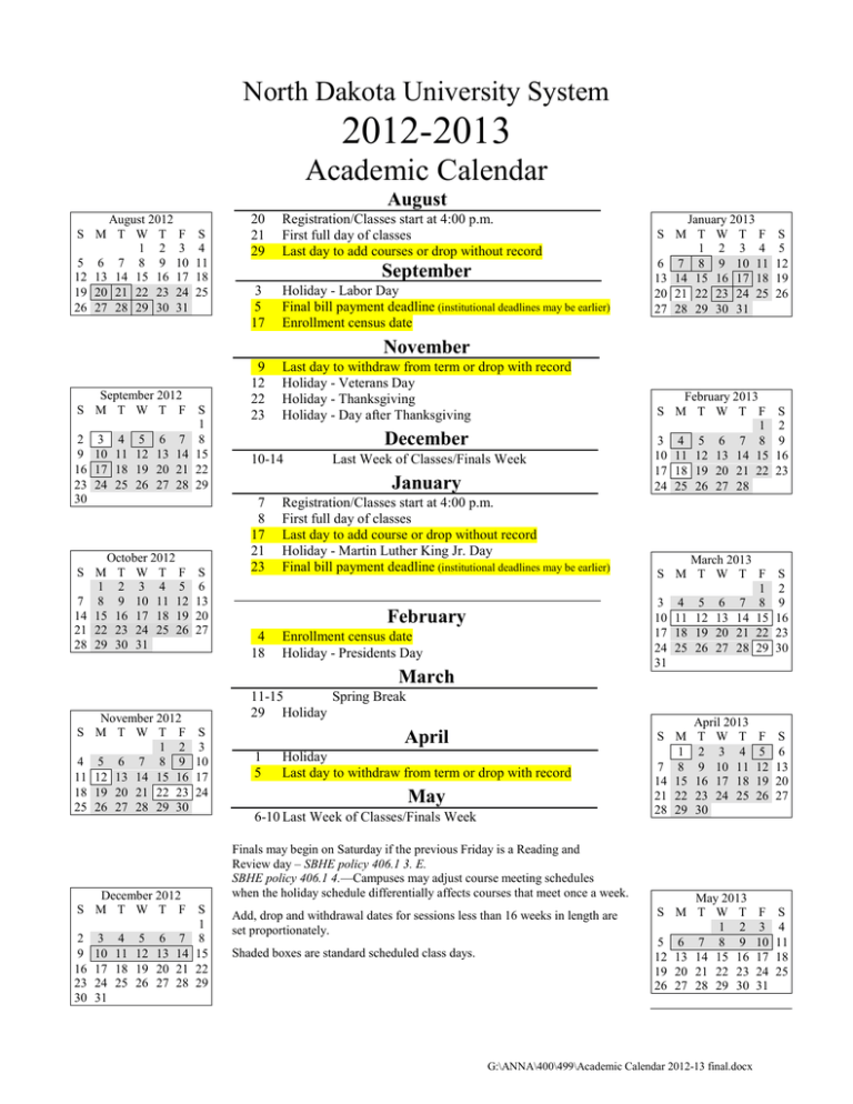NDUS Academic Calendars 20122019