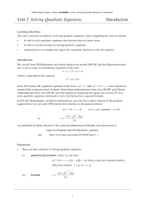 Unit 2 Solving Quadratic Equations Introduction