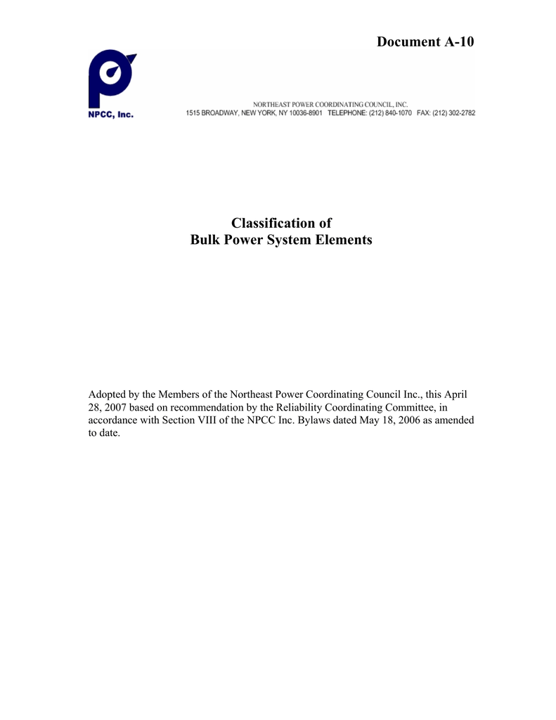 Document A10 Classification of Bulk Power System Elements