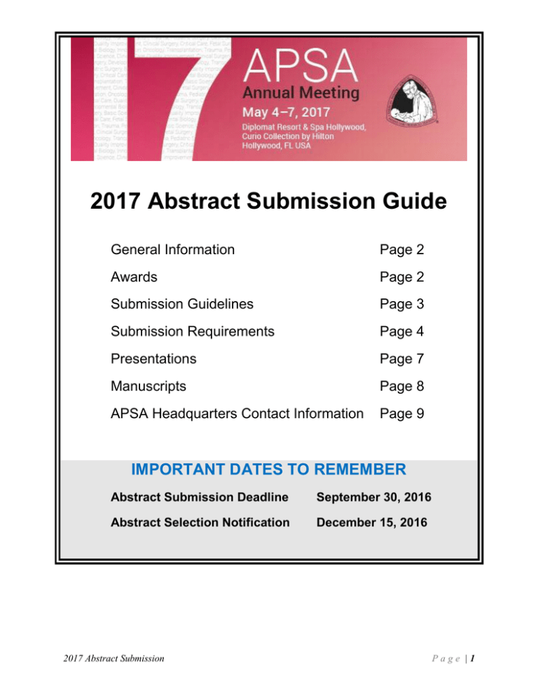 2017 Abstract Submission Guide American Pediatric Surgical