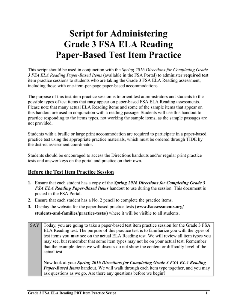 Script For Administering Grade 3 FSA ELA Reading Paper