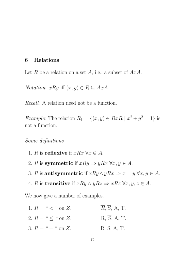 6 Relations Let R Be A Relation On A Set A I E A Subset Of Axa