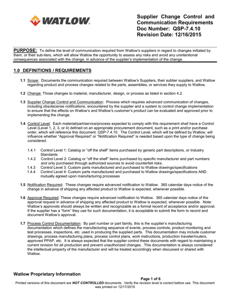 Watlow Supplier Requirements