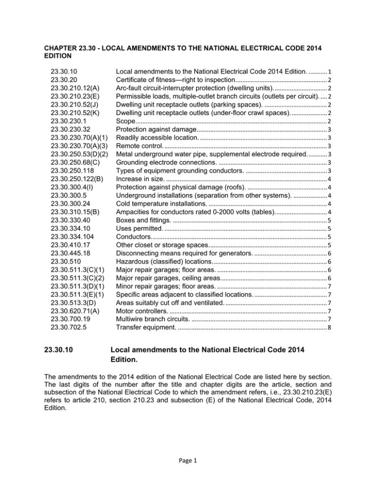 23.30.10 Local amendments to the National Electrical Code 2014