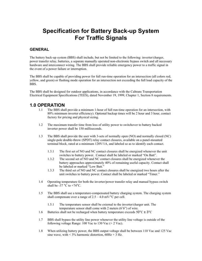 Specification for Battery Backup System For Traffic Signals
