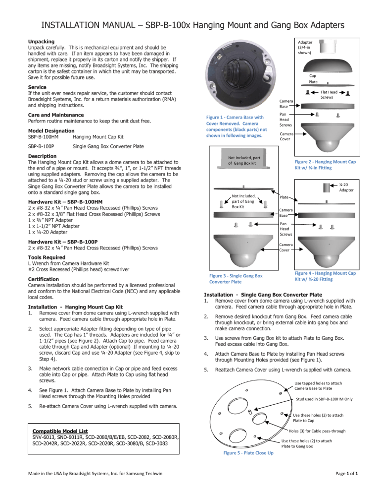 INSTALLATION MANUAL – SBP-B-100x Hanging Mount And Gang