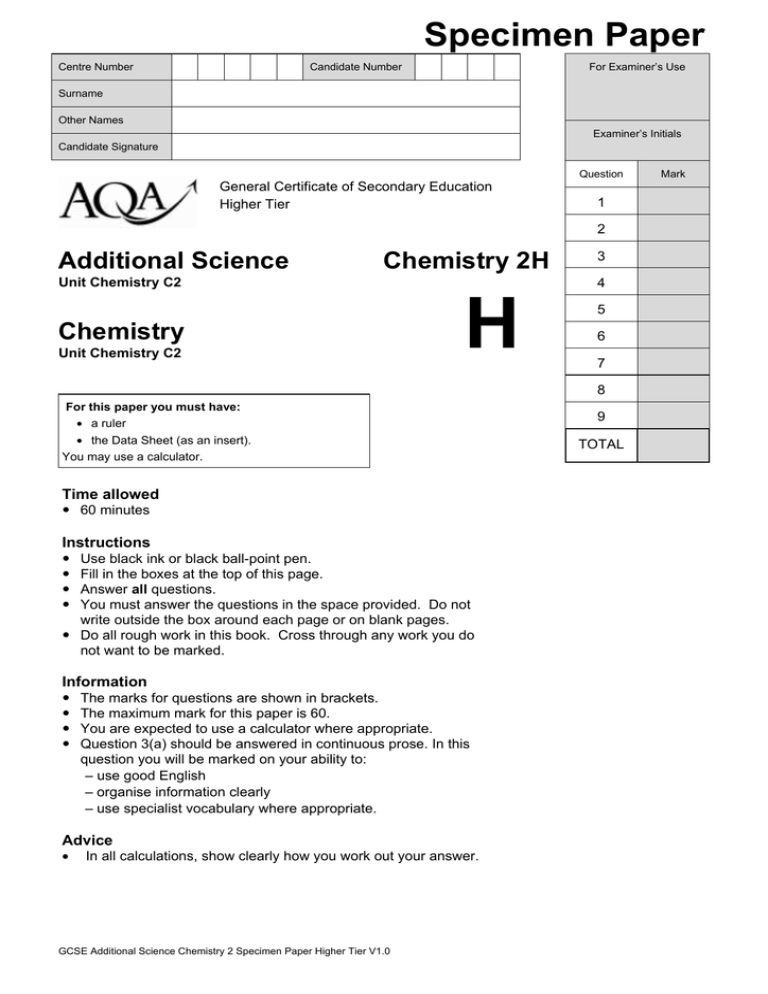 GCSE Chemistry Specimen Question Paper Higher Specimen