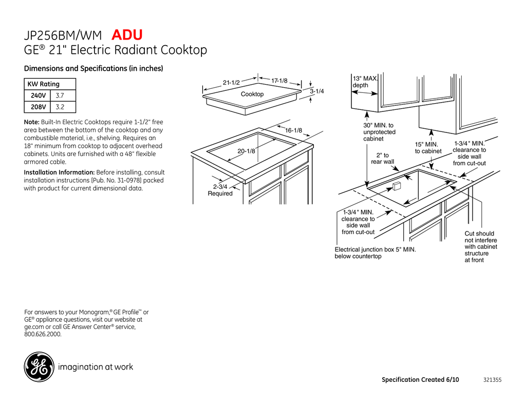 Jp256bm Wm Ge 21 Electric Radiant Cooktop