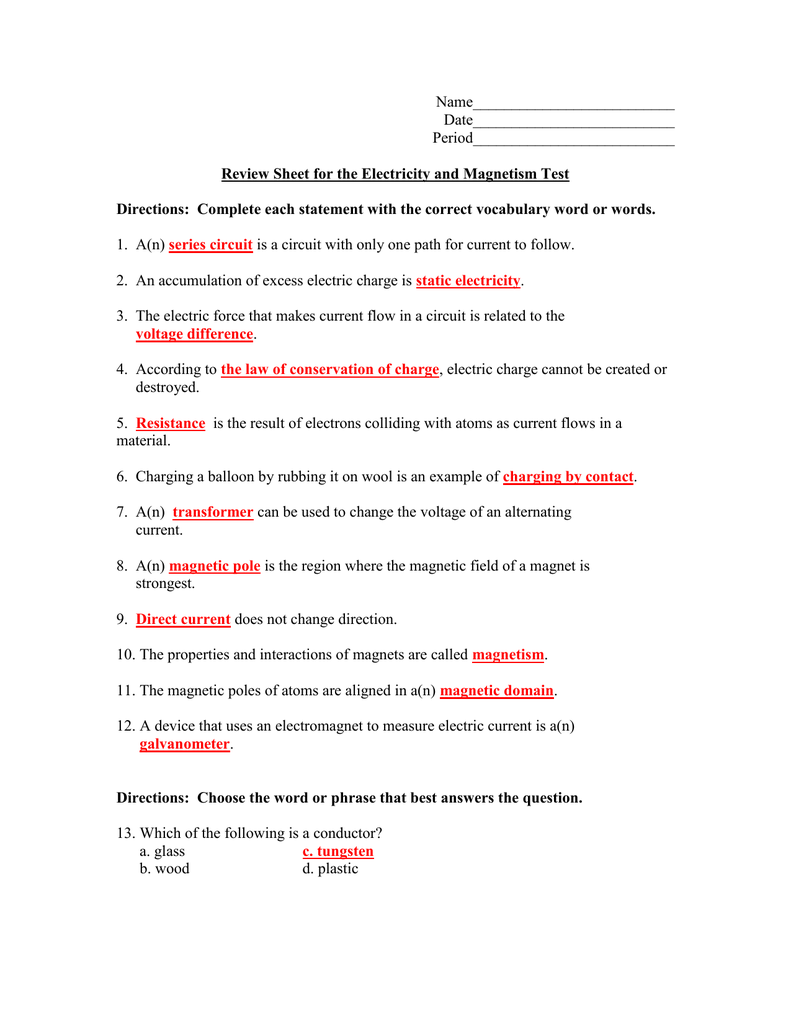 magnetism worksheets for middle school