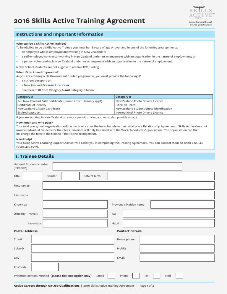 New Skill Training Form.pdf 2016 Skills Active Training Agreement FORM.indd