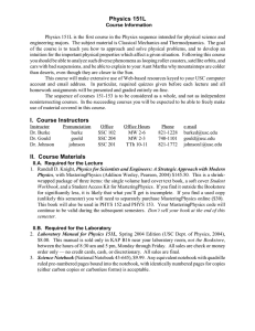 Physics 151L Course Information - University of Southern California