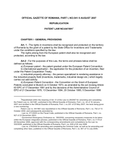 PATENT LAW No. 64/1991* REPUBLISHED on Official