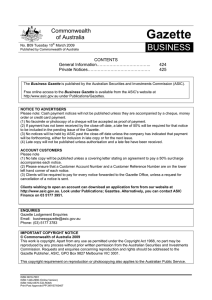 Commonwealth of Australia Business Gazette B09/09 dated