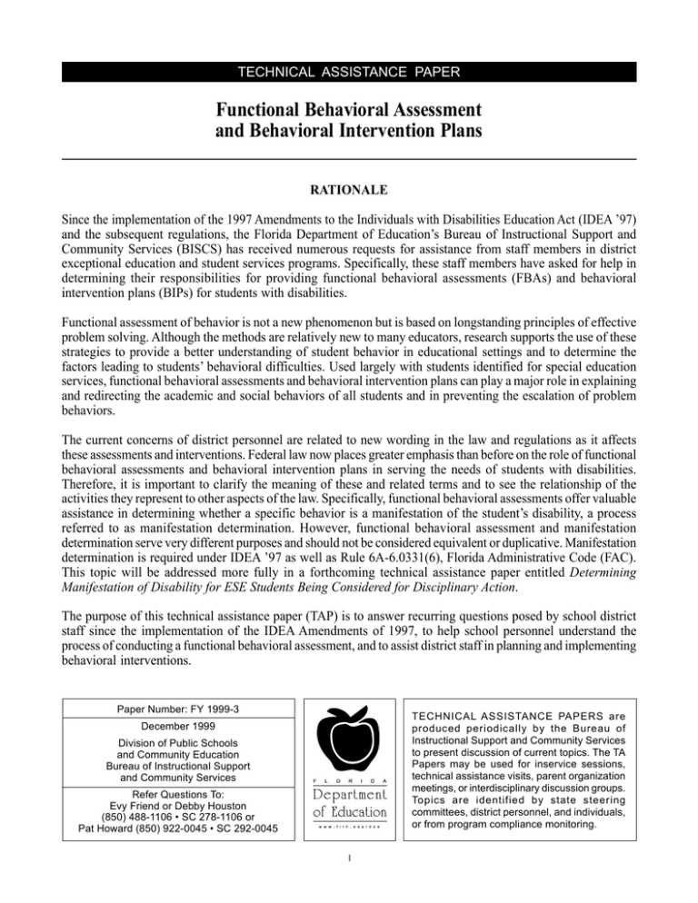 Functional Behavioral Assessment and Behavioral Intervention Plans