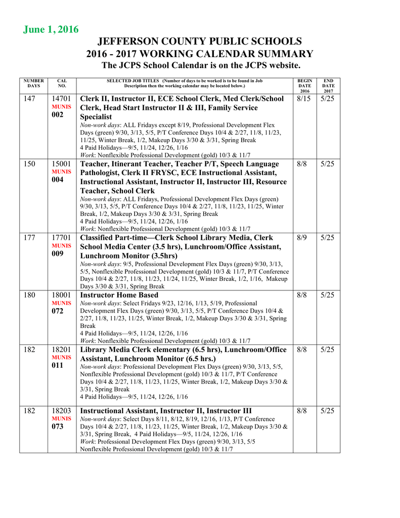 Working Calendar Jefferson County Public Schools Working Calendar Jefferson County Public Schools