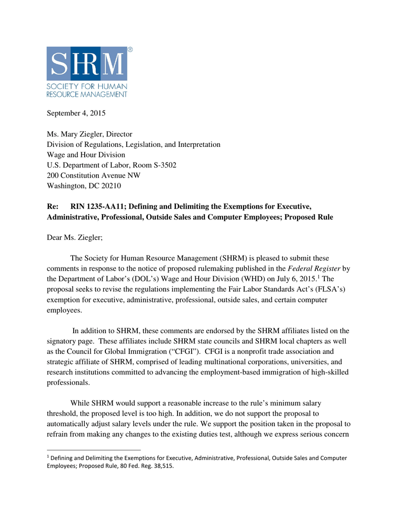SHRM`s comment letter Society for Human Resource Management
