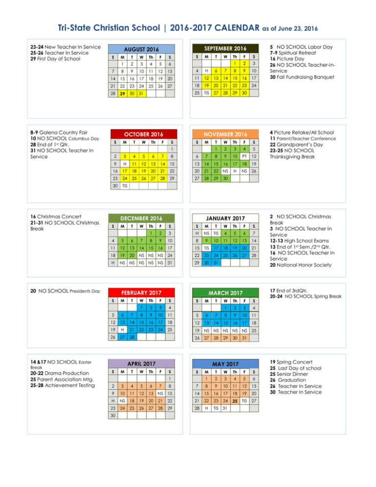 2016 2017 School Calendar Tri