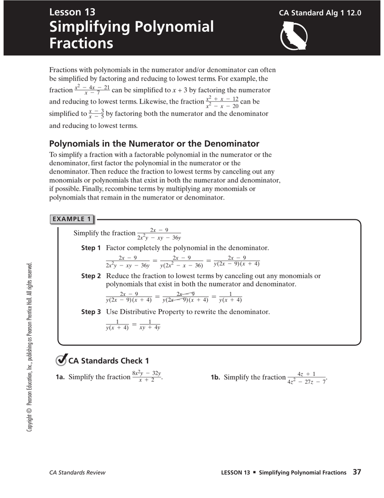 Simplifying Polynomial Fractions Alliance Gertz