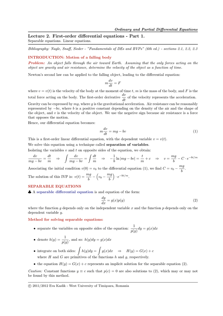 Lecture 2 First Order Differential Equations