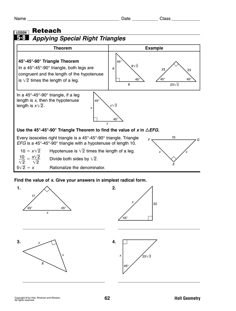 5 8 Special Right Triangles Worksheet%