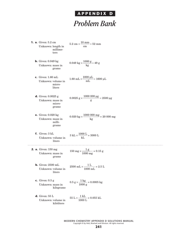 Holt Modern Chemistry Appendix D Problem Bank Solutions