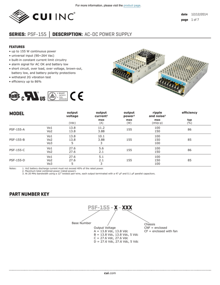 PSF-155 Datasheet - AC-DC POWER SUPPLY | CUI Inc