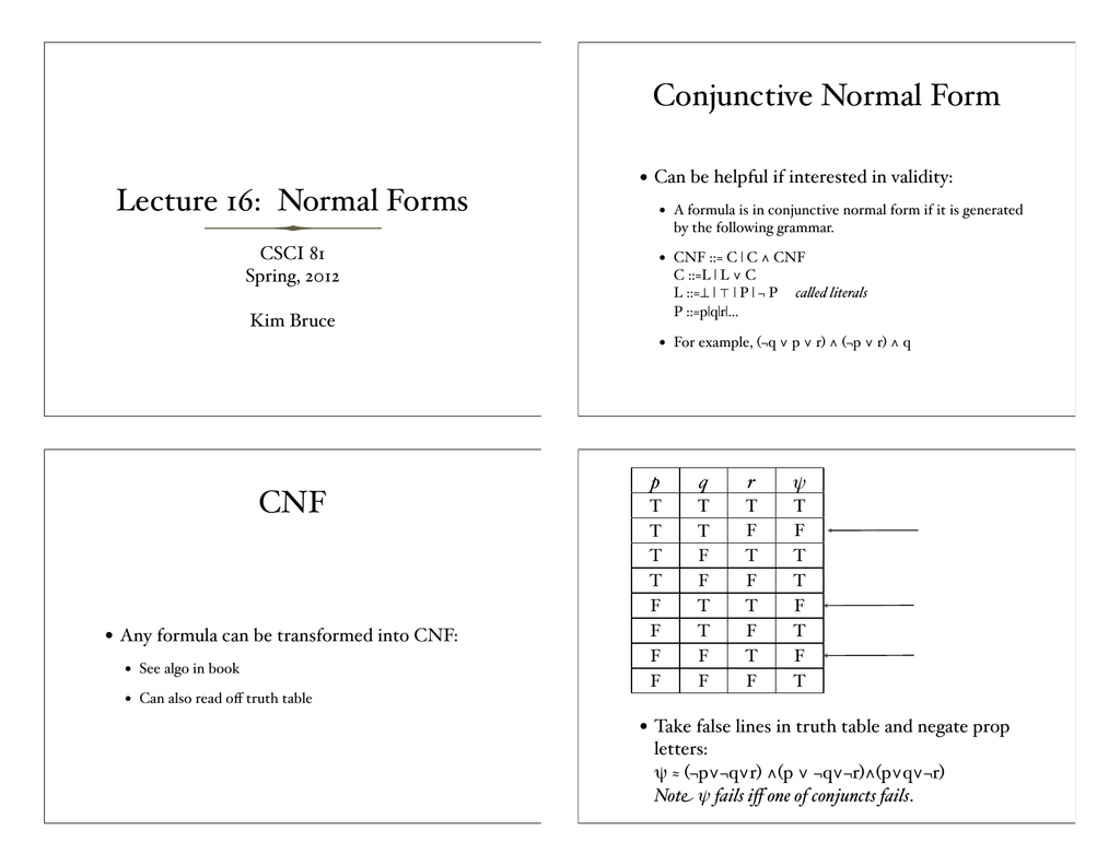 Lecture 16 Normal Forms Conjunctive Normal Form Cnf