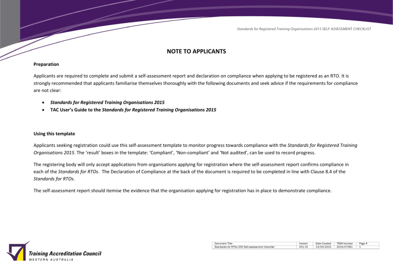 Standards For RTOs 2015 Self Assessment Template