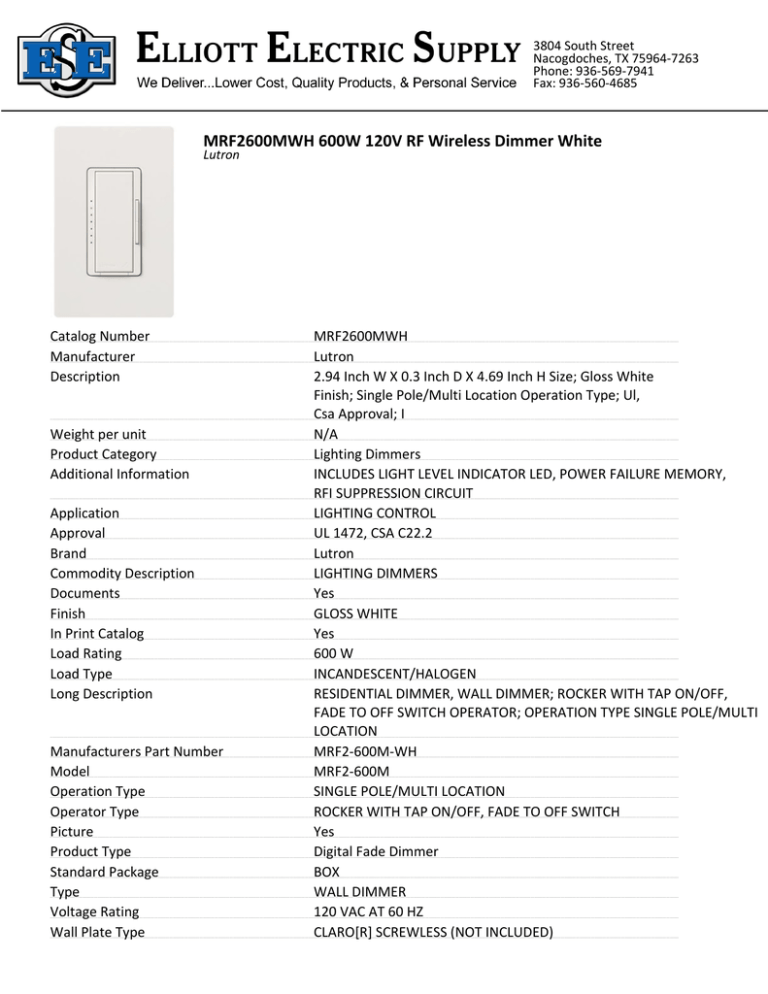 EES Spec Sheet Elliott Electric Supply