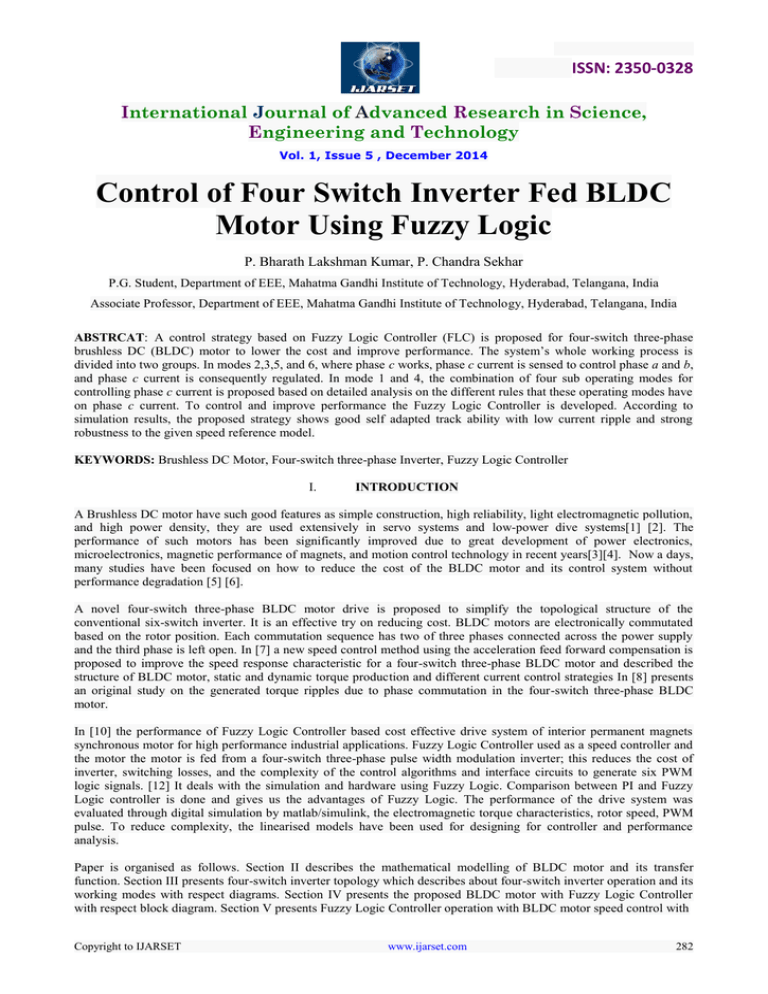 Control of Four Switch Inverter Fed BLDC Motor Using Fuzzy